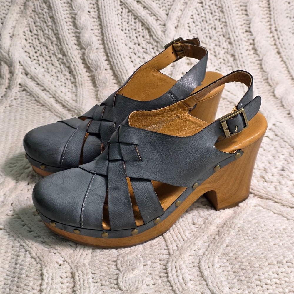 Korks Platform Clogs Blue Gray Woven Slingback Studded Wood Heel Women 7M Good